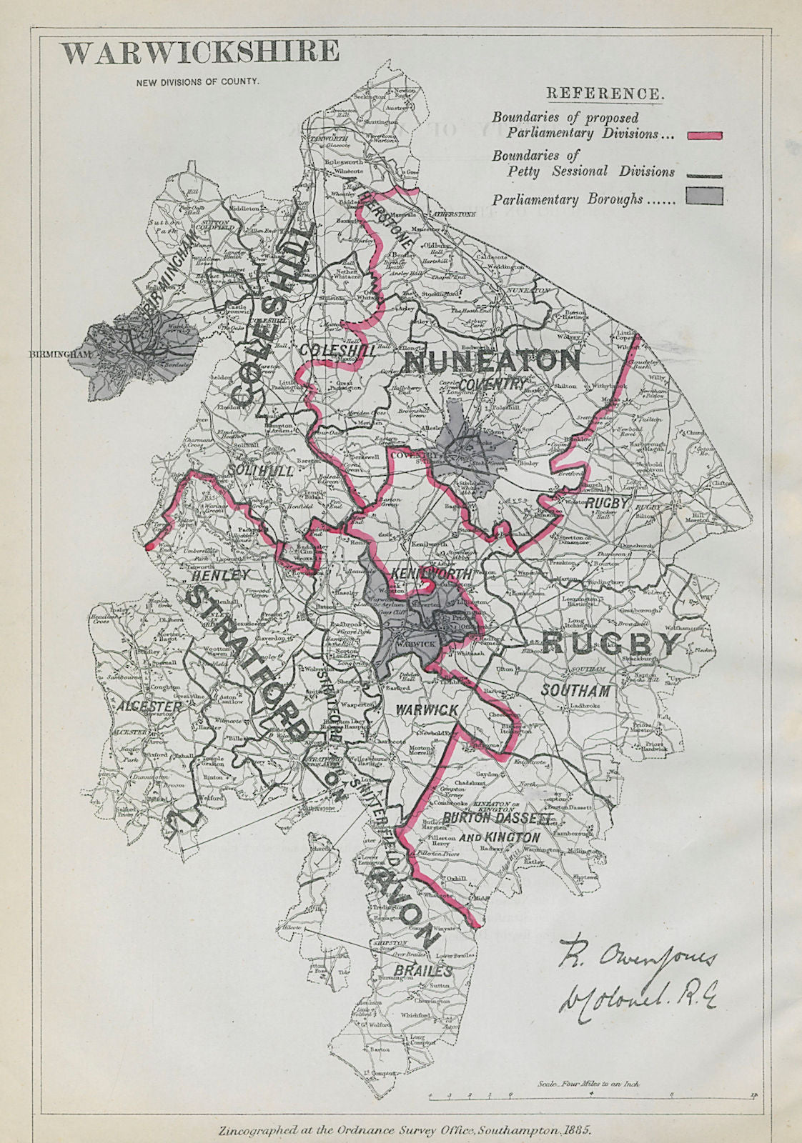 Warwickshire Parliamentary Divisions. Rugby. BOUNDARY COMMISSION 1885 old map